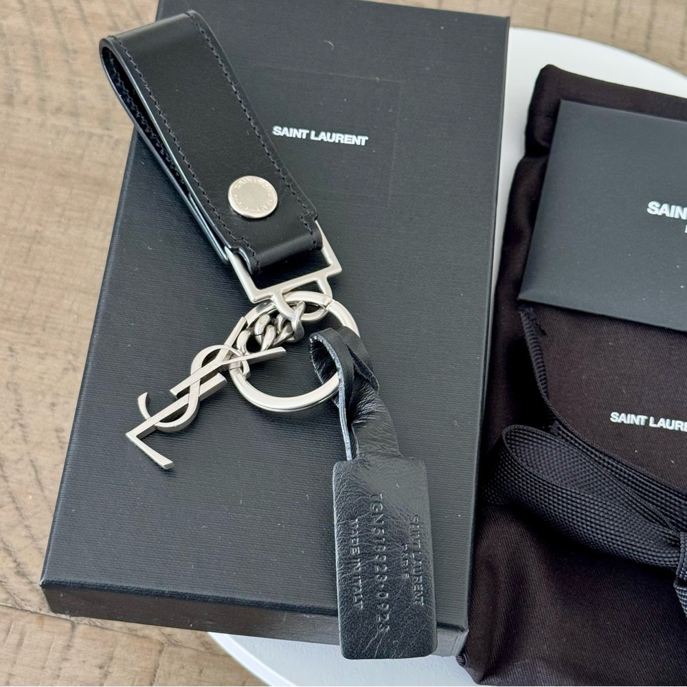 YSL Leather and Burnished Silver-Tone Key FOB - Full Inclusion - Picture 5 of 9